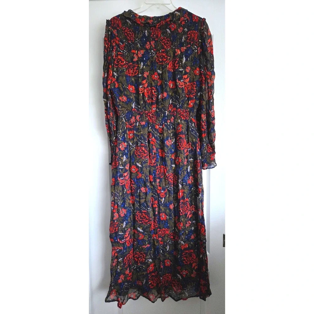 Per Una Marks Spencer Navy Floral Metallic Maxi Dress Smocked Tiered Size 10 - Picture 3 of 8